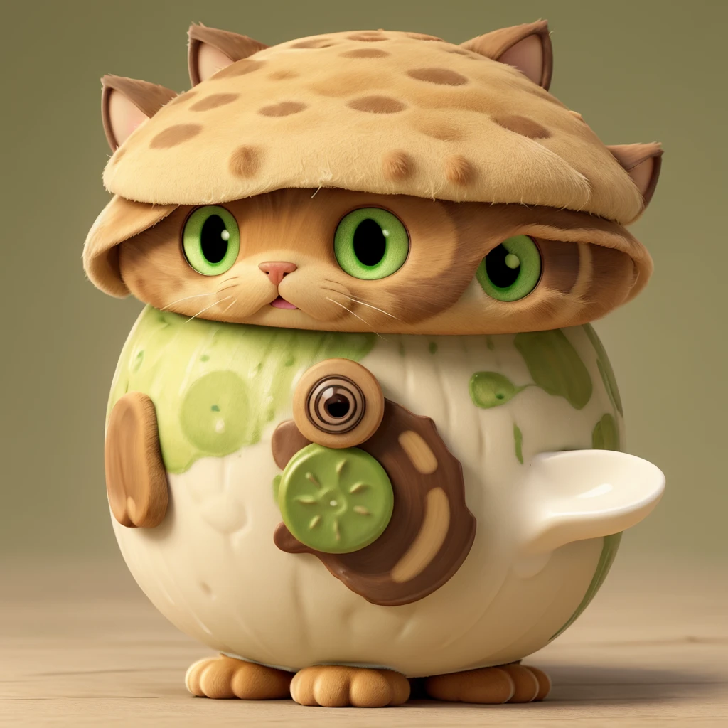 The head of the "milk tea brown cat" looks like it is wearing a button-shaped hat in the shape of a "matcha green poisonous mushroom&quo body is like a poisonous mushroom,The body changes into the shape of a poisonous mushroom,The feet also become cylindrical and long,But without losing the cat’s hair and mobility。
Eyes become round and big,Milk tea brown。
Ear sockets are matcha green。
The tail becomes like a platypus,flat and wide
