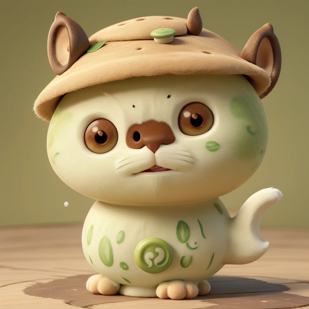 The head of the "milk tea brown cat" looks like it is wearing a button-shaped hat in the shape of a "matcha green poisonous mushroom&quo body is like a poisonous mushroom,The body changes into the shape of a poisonous mushroom,The feet also become cylindrical and long,But without losing the cat’s hair and mobility。
Eyes become round and big,Milk tea brown。
Ear sockets are matcha green。
The tail becomes like a platypus,flat and wide