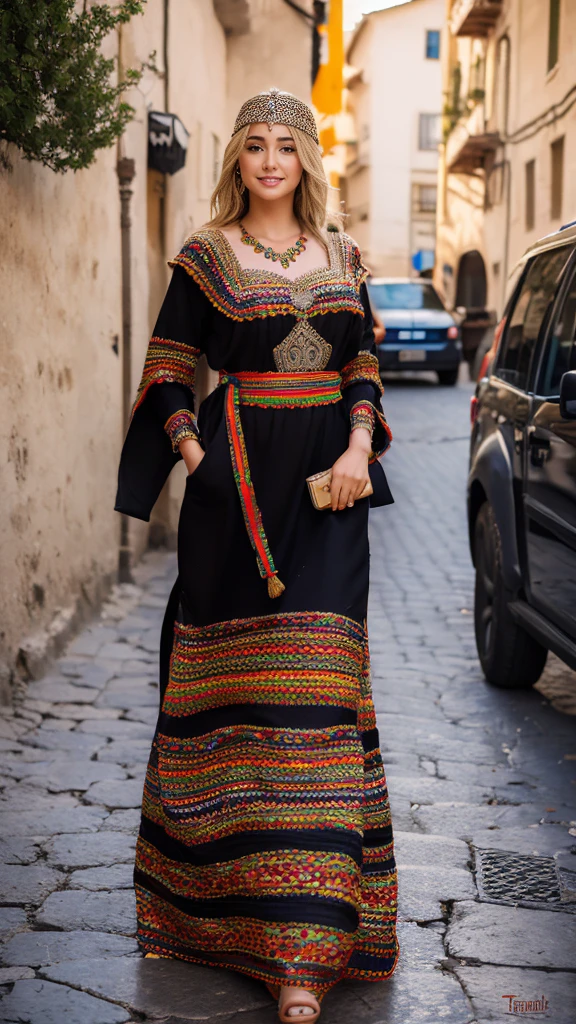 beautifull hot german blonde, robe kabyle, berber, amazigh dress, kabyledress, tizi ouzou, berber outfil, kabylegirl, bijoux, street background, full body, realistic, blackrobe