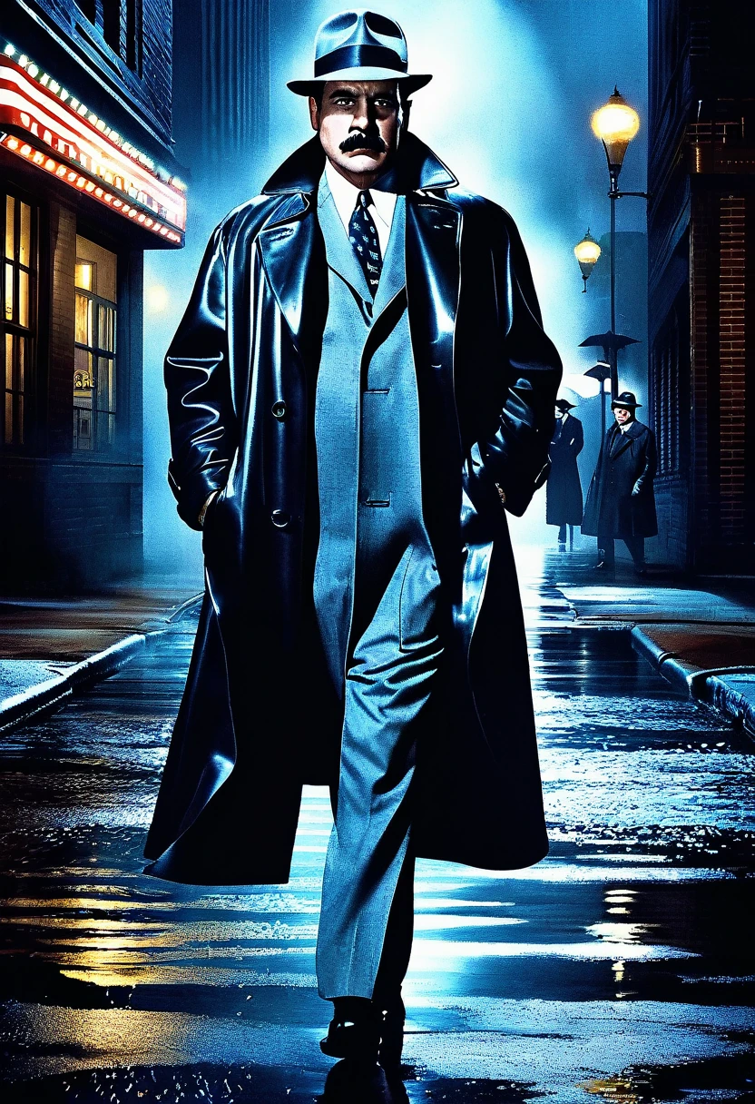 (((((((((masterpiece, best quality: 1.2), detailed whole body, Detective Mike Torello in a black leather raincoat, mustache, (Muted colors: 1.2, dark studio, edge lighting, two-tone lighting, muted lighting, restrained tone),
Poster of the 1950s, (???? style), Detective, (???? atmosphere:1.7), gloomy atmosphere, emphasis on noir colors,
1950s (/style game/),Chicago, Illinois, (detective) He put on his raincoat and stepped out into the cold night air, ready to follow the criminal wherever she led.
The trend on ArtStation and the trend on CGSociety are complex, highly detailed, dramatic, photorealistic drawings by Midgourney and Greg Rutkowski.