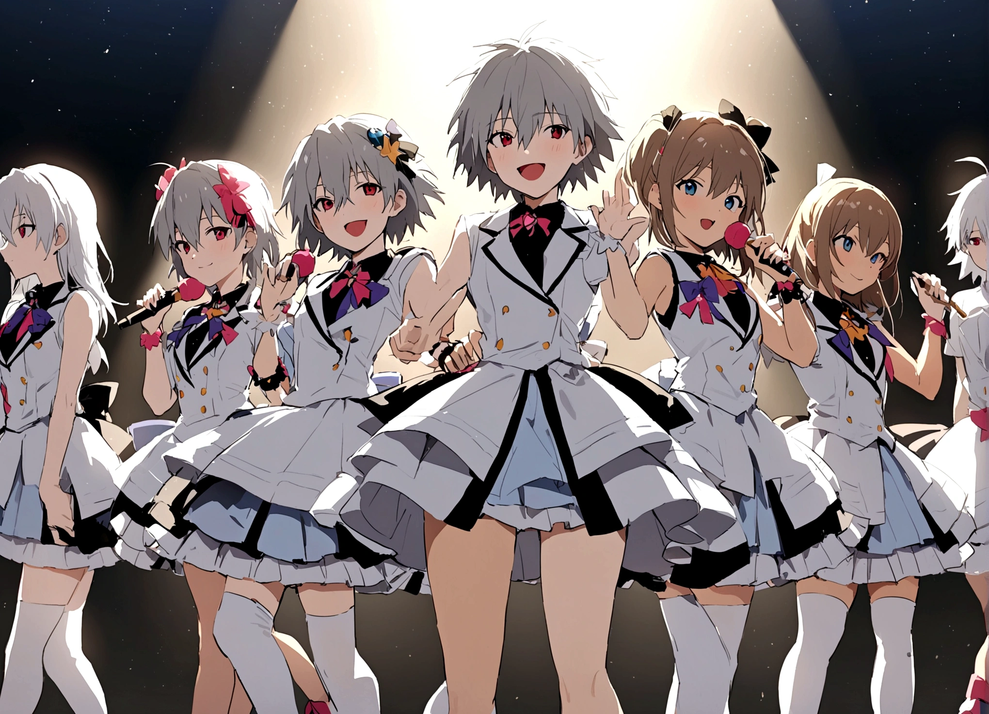 masterpiece, best quality, extremely detailed, evangelion kaworu nagisa, kaworu nagisa, genderbend, girl, seductive, hot, cute, idol, cheerful face, strong shining aura, cute idol clothes, alot of accessories, cute hair accessories, idol group member, (center, in middle, spotlight only kaworu), on stage, the prettiest member, multiple different people, (focusing on kaworu, center)