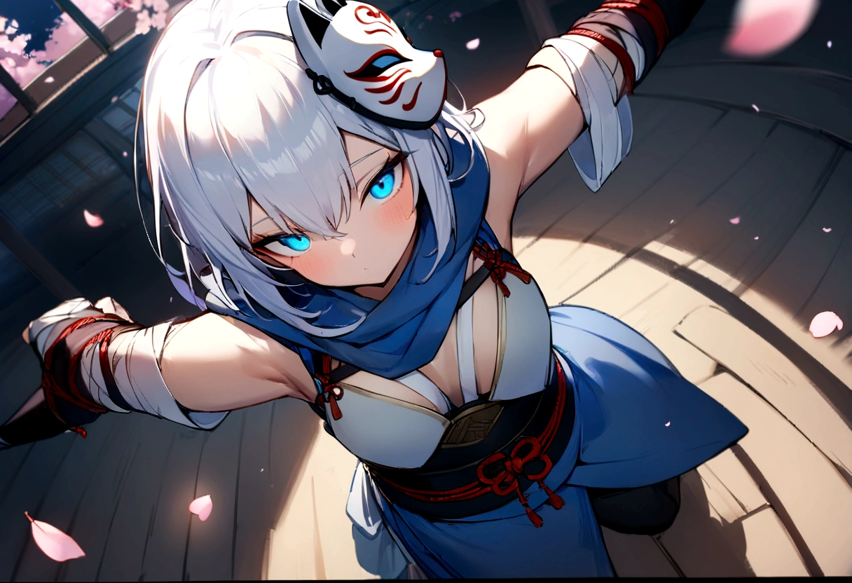 No sleeve、Bleaching、(masterpiece, best quality:1.2), 1girl, 独奏,Wolf girl, fox mask, ninja, girl, white hair, odd eyes, blue kimono, ninja girl, red and blue scarf,Dancing Cherry Blossoms, fantastic atmosphere.night、Shadows of light and darkness、Eyes glowing in the dark、Black fox mask、Fisheye Lens、hair、Bandage on chest、boy、Black fox mask、Blue bondage breastplate