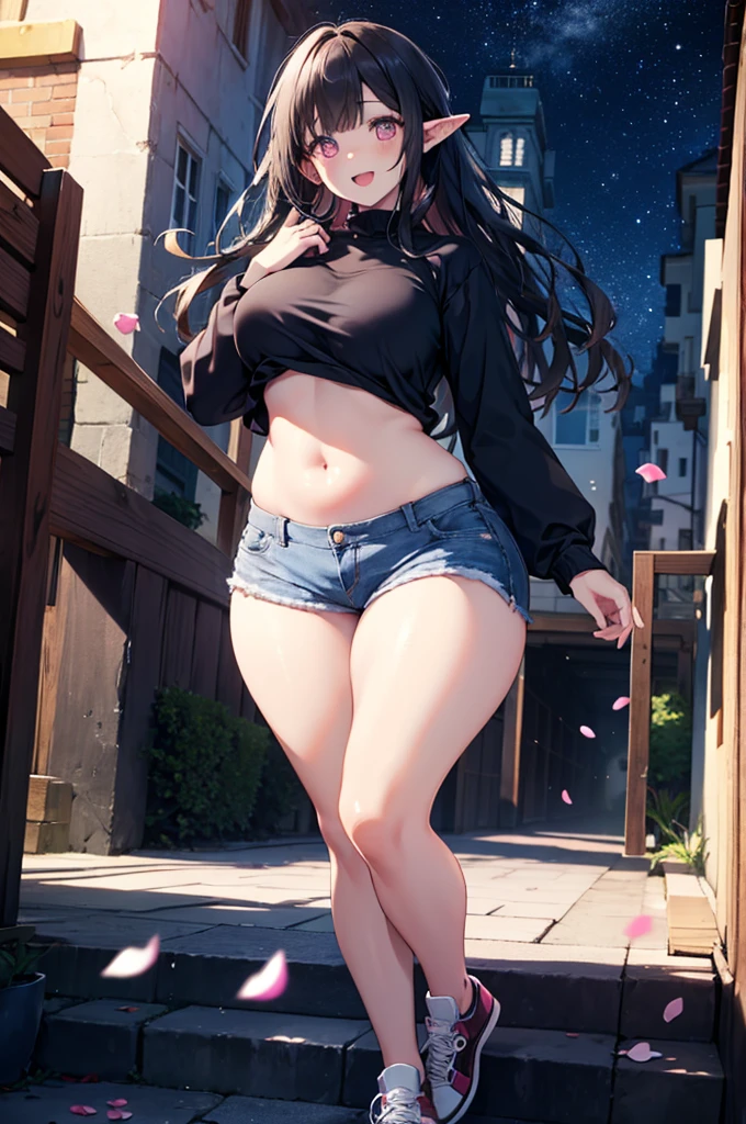 realistic image, coherent image, detailed image, 1 beautiful elf. She has black hair, long hair. Pink eyes, long eyelashes. Her face is oval and delicate. smiling with open mouth. She is wearing a long sleeve shirt, showing her navel, jean shorts, sneakers, she has a curvy body, medium breasts and thick thighs. Urban background. starry night, flower petals falling. natural lighting in front, volumetric lighting
