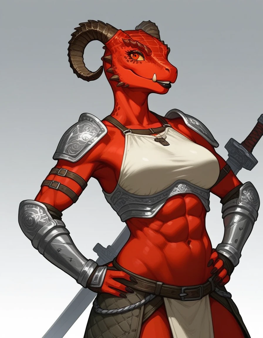 Solo, score_9,score_8_up,score_7_up, source_furry, source_cartoon, kemono style, flat colors, simple design, cartoon, Argonian female from skyrim, flat red skin, red eyes, black lips, abs, black ridged horns, big smile, upper body shot, hands on hips, wearing black metal warrior armor, a large sword on her back