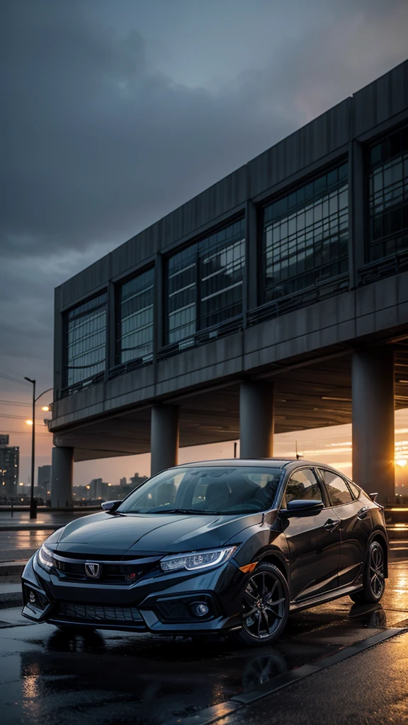 Black Honda Civic in a raining city on a sunset