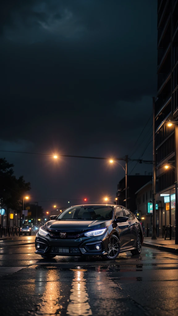Black Honda Civic in a raining city on a sunset