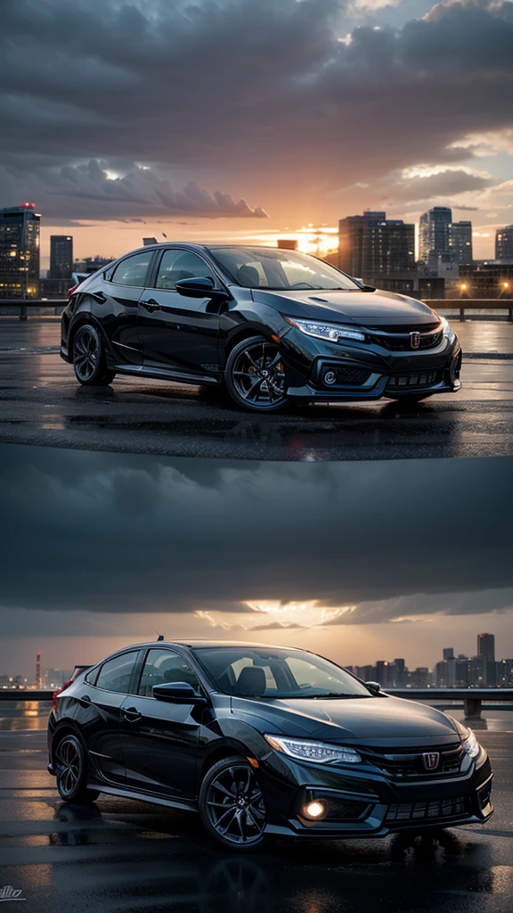 Black Honda Civic in a raining city on a sunset