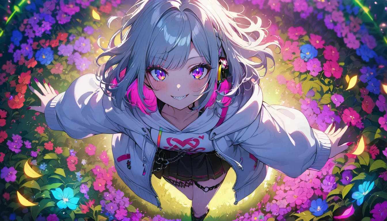 ((Masterpiece)), ((best quality)), (Anime:1.3), (super detail:1.2), (High Definition:1.3), (Professional Photography:1.3), cute young Girl, (Toy Rocket launcher on the shoulder), Glossy unruly hair, (loose swept bangs), (silver ash hair), medium hair, big eyes, (Eye bags:1.3), (Long eyelashes), colorful eyes, (evil smile and blush), Glossy lips, (jagged teeth), farewell, (white hoodie with oversized), (black mini skirt), barearms, cute, (colorful:1.3), gothic makeup, (wearing headphone), neon-lit, pretty, Celtic, maniac, gazing skyward, colorful petals dance around, at flower garden, (from above:1.3),