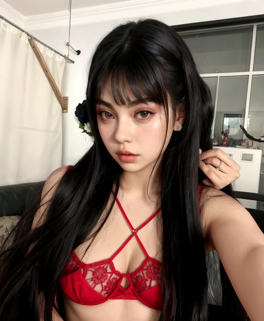 há uma mulher em um top de sutiã vermelho tirando uma selfie, with franja, with full franja, she has black hair with franja, curtain franja, straight franja, Bella Poarca, franja, long hair with full franja, franja reta, long hair with franja, full franja, Cindy Avelino, charli xcx, long straight franja, long black hair with franja