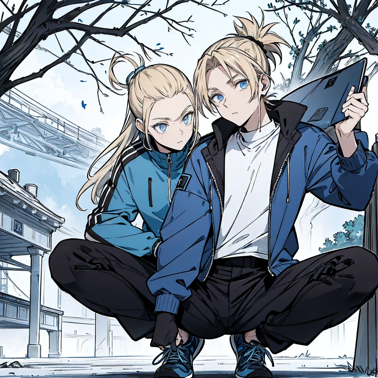 One person, Tall, tannish, male, lean and fit, blonde hair put in manbun, deep blue eyes, wearing blue track jacket, black pants, blue and black high tops, five Pokeballs at waist, relaxing in tree.