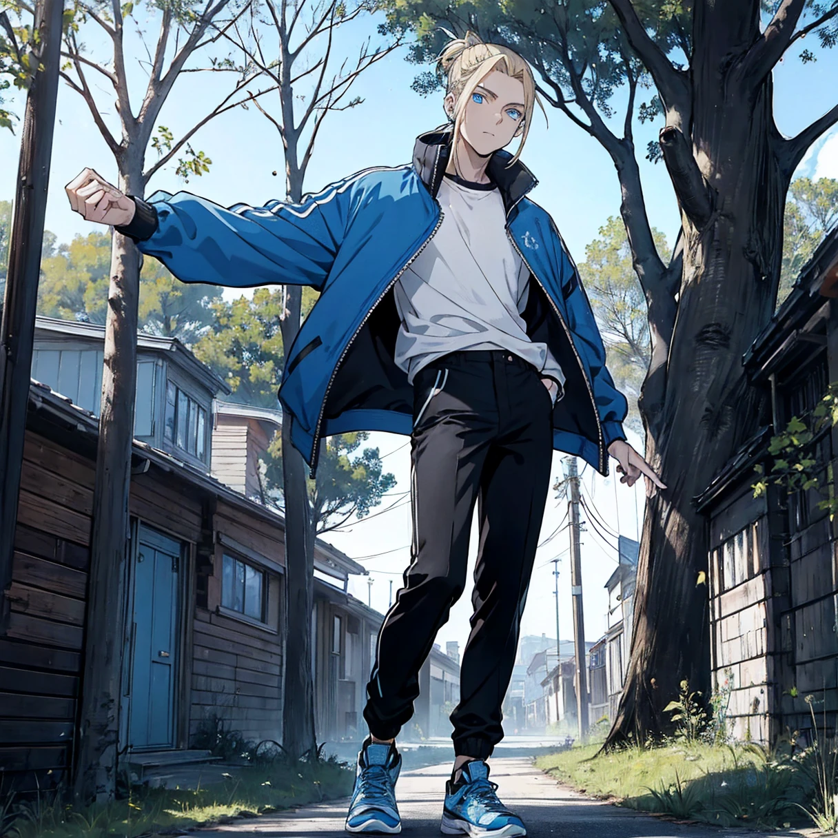 One person, Tall, tannish, male, lean and fit, blonde hair put in manbun, deep blue eyes, wearing blue track jacket, black pants, blue and black high tops, five Pokeballs at waist, relaxing in tree.