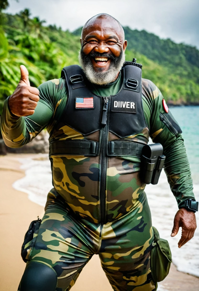 (a dark-skinned bearded fat muscular old man in a bulky army camouflage zipper diver suit) masturbating, thumbs up, carrying a gun, muscular, Bruce Onobrakpeya, sumatraism, stanley artgermm, action, heroic, fierce, smiling