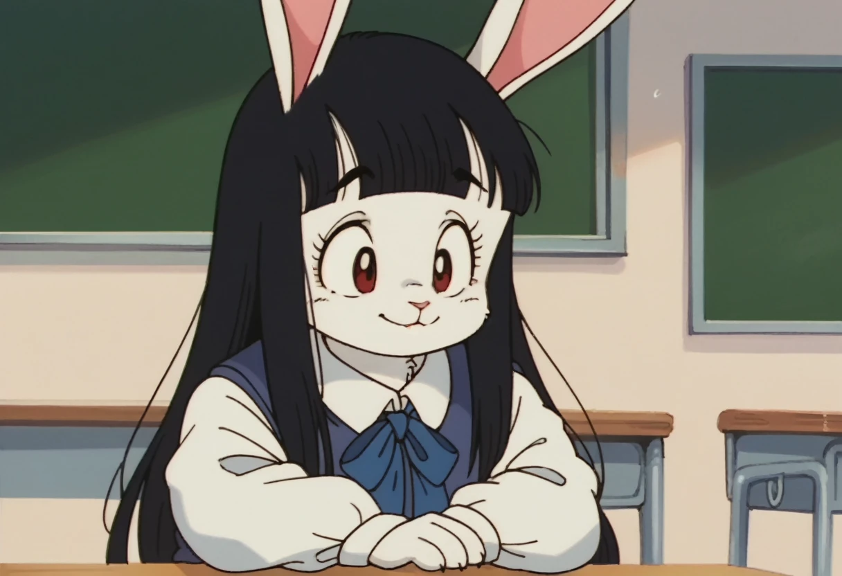 anime screencap,drgbls1, solo,anthro rabbit, female,score_9, score_8_up, score_7_up, score_6_up. shy smile, upper body, , classroom, white fur, black hair, long hair, blunt bangs
