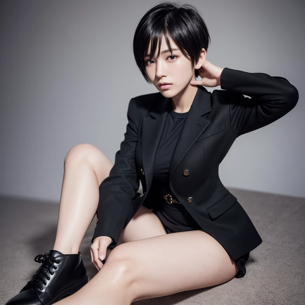 (16k, RAW photo, highest quality, masterpiece 1.2), professional photo, hyperrealism, super high resolution, highly detailed face, detailed skin, anatomically correct, highly detailed nose, highly detailed legs, high detail, cinematic aesthetics, multi-award winning photo, highly detailed beauty, accurate, beautiful Japanese woman, soldier, (hairstyle is boyish extra short haircut 1.2), clothing is military uniform (black blazer, white shirt, black long skirt, black tights, black leather shoes),