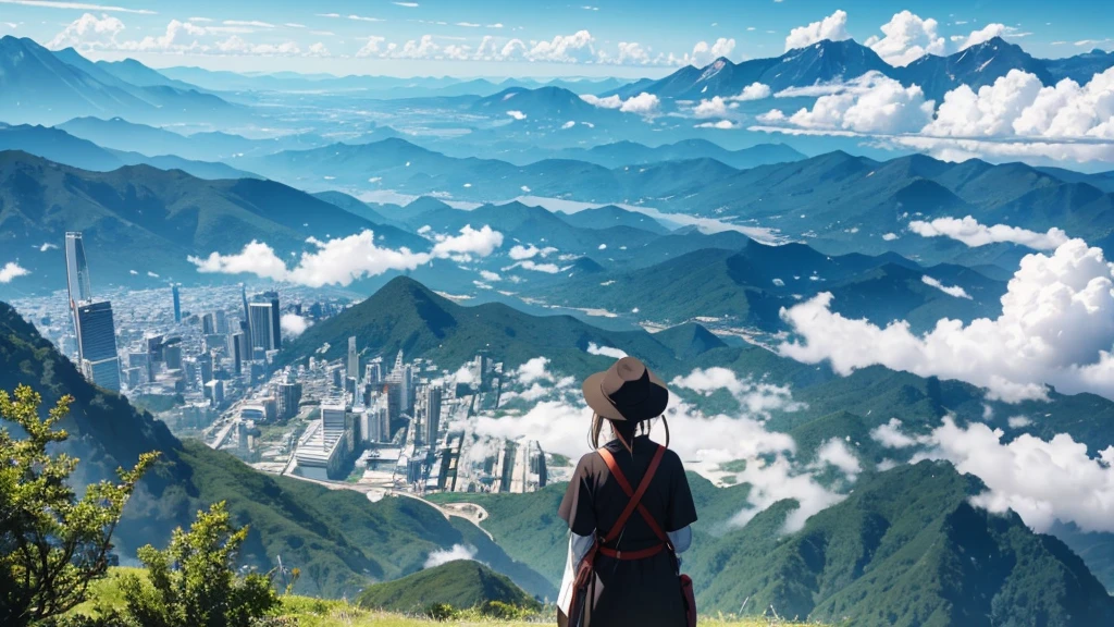 4k art、Vast Skyline、It's summer、The time is morning、cumulonimbus、Women in their teens to 40s、(stylish, Dress relaxed、Boater hat、Small shoulder bag)Spring-like adult woman、/(Light brown hair)bangs、cheek(Dark Eyeasterpiece 1.2)Delicate illustrations with attention to detail、 (Ancient capital:1.2) (The background is fresh green)、blue sky、Detailed Background、whole bodyが写る、A shy smile、Through clenched teeth、Through clenched teeth、lip、cheek、cheek(Flat Color: 0.8)、(masterpiece: 1,2)、(masterpiece: 1,2)、High resolution、Ultra high definition、Highest quality、High resolution、Ultra-thin illustration、Makoto Shinkai style、Your Name is Style、Short Bob、necklace、Earrings、Dynamic pose、Selfie、whole body、Brown Hair、Braiding、、ponytail・、necklace、Valletta、ribbon、Earringanicure、Selfie。