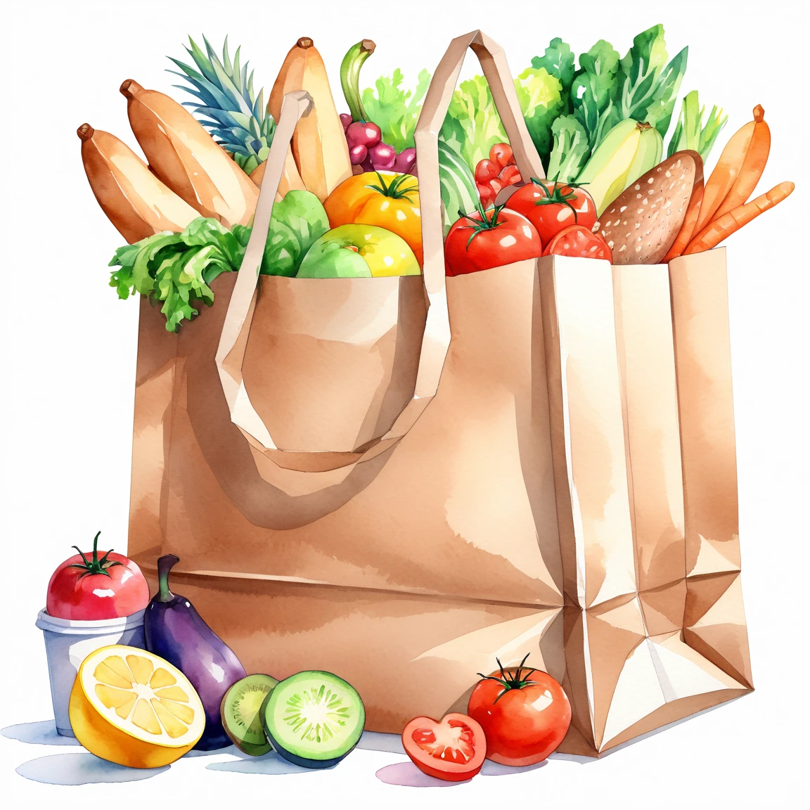 ((best quality)), ((masterpiece)), (detailed), loose watercolor, minimalist, create a picture of a cartoon grocery paper bag full of many kind healthy food, against plain brilliant white background, isolated, fresh, tasty, delicious, vibrant color. the grocery paper bag is sitting on a white brilliant surface, detailed,