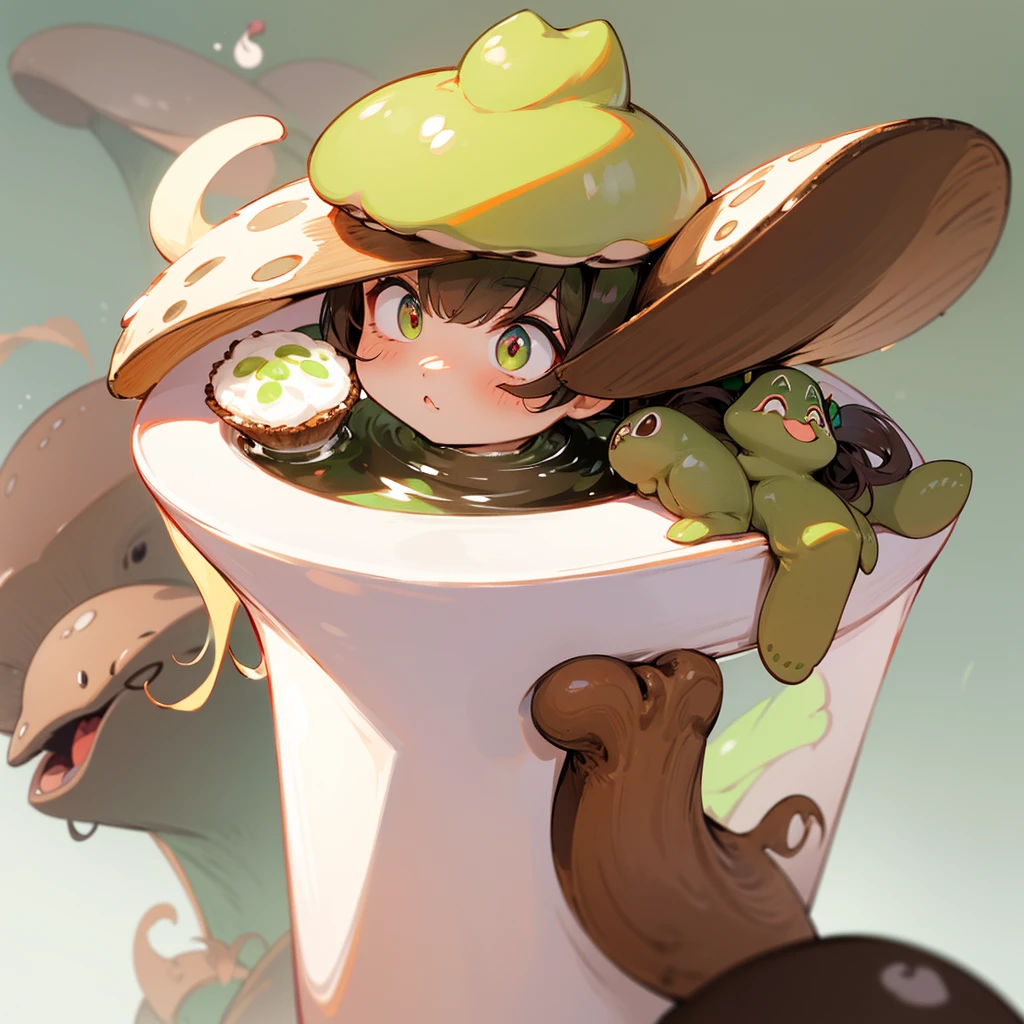 The head of the &quot;milk tea brown cat&quot; looks like it is wearing a button-shaped hat in the shape of a &quot;matcha green poisonous mushroom&quo body is like a poisonous mushroom，The body changes into the shape of a poisonous mushroom，The feet also become cylindrical and long，But without losing the cat’s hair and mobility。
Eyes become round and big，Milk tea brown。
Ear sockets are matcha green。
The tail becomes like a platypus，flat and wide