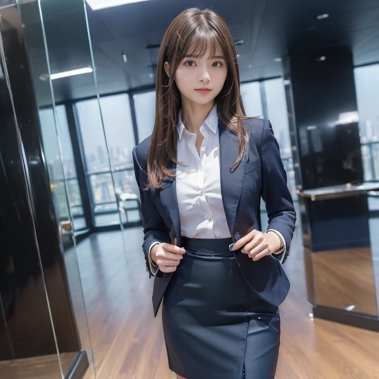 (Sensual look:1.9), ((Full Body Shot:1.9 Highest quality)), (panorama:1.8), Cinema Lighting, (RAW Photos, Highest quality), ( Realistic:1.4), realism, masterpiece, Very delicate and beautiful, Very detailed, 4k wallpaper, wonderful, finely, Very detailed CG unity 8k wallpaper, Very detailed, High resolution, Soft Light,Japanese, (one shot:1.9), (24-years-old:1.6), (Height: 156cm, Weight: 49Kg:1.9), (Round face:1.2), (Fat:0.8), Beautiful detailed woman,Famous Japanese actresses, Detailed face, finelyて美しい目, Very detailedな目と顔, Beautiful eyes and a beautifully detailed nose, (Straight Hair:1.4), Shiny Hair, Shiny Hair, Brown Hair, (bangs:1.4), Long, slender legs, Toned body, (smile:0.5), Natural Makeup, (Dark blue business suit, Pencil Skirt:1.4), (Glass Skyscraper:1.3), (Clear winter blue sky:1.4), (A beautiful form with an inorganic feel), Cool look,