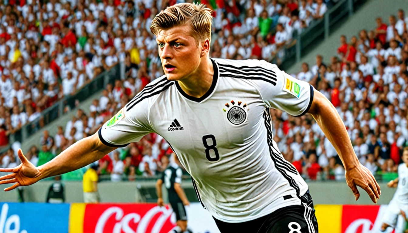 high quality, hyperdetailed, 3d, dynamic, dramatic lighting, highly detailed, photorealistic, 1 german male soccer team, soccer players, athletes, football, soccer, team, sports, sports uniforms, soccer jerseys, cleats, soccer ball, soccer field, stadium, crowds, cheering fans, flags, banners, action pose, muscular figures, sweat, motion blur, depth of field, germnan flag on jersey, (Toni Kroos, jersey nr. 8)