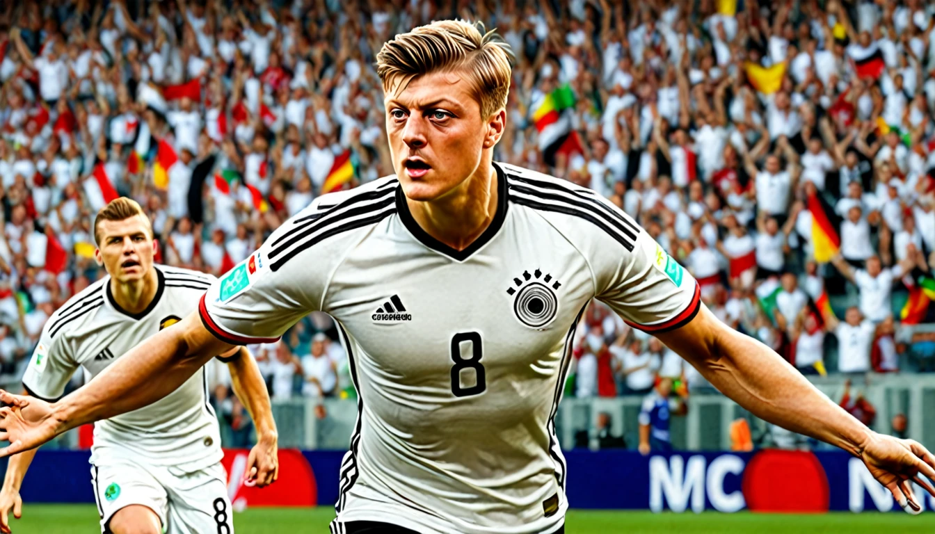 high quality, hyperdetailed, 3d, dynamic, dramatic lighting, highly detailed, photorealistic, 1 german male soccer team, soccer players, athletes, football, soccer, team, sports, sports uniforms, soccer jerseys, cleats, soccer ball, soccer field, stadium, crowds, cheering fans, flags, banners, action pose, muscular figures, sweat, motion blur, depth of field, germnan flag on jersey, (Toni Kroos, jersey nr. 8)