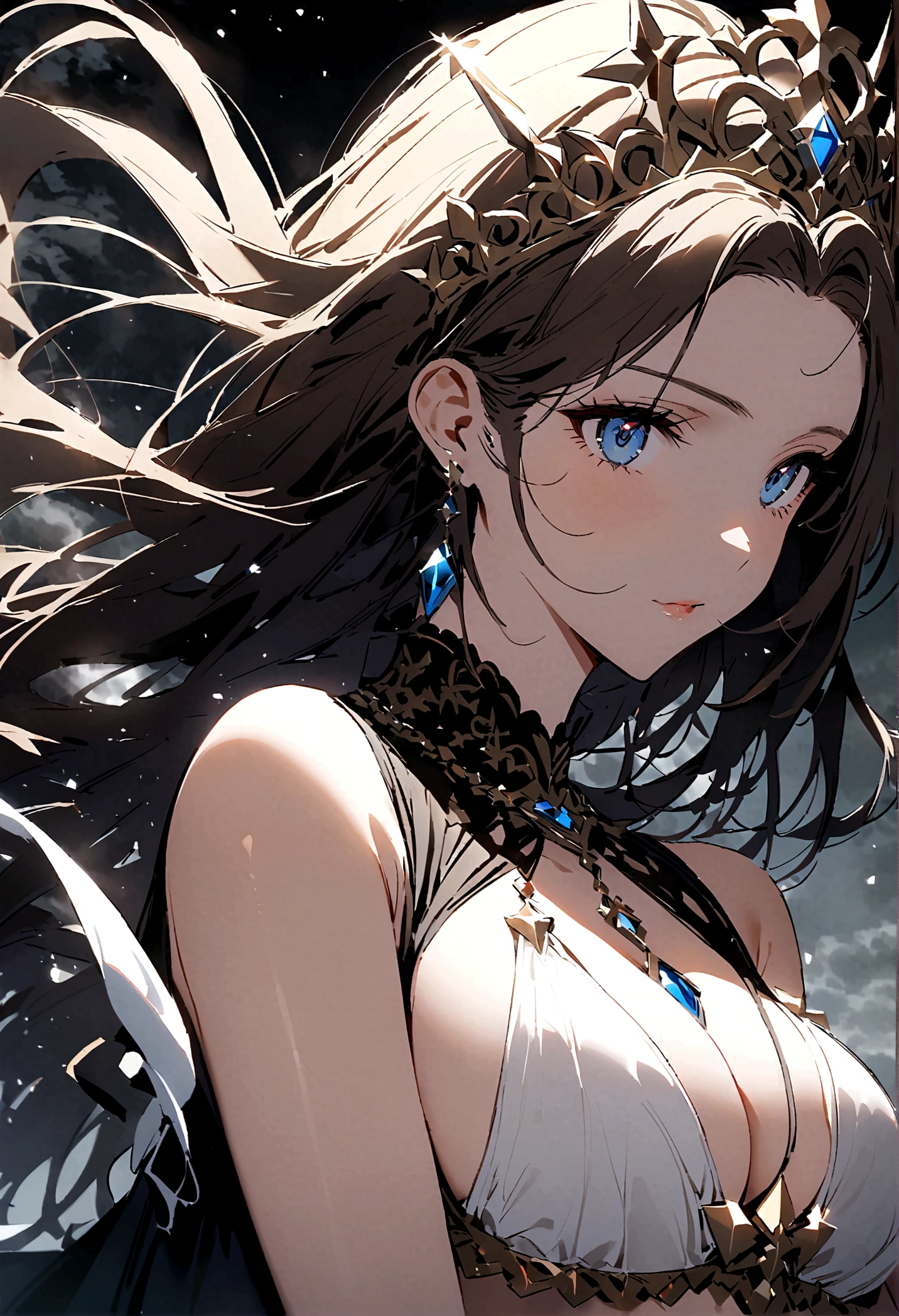 (only one person),Dark sky,((Winter)),dark clouds,Ice Crown,goddess,(Short flowing hair),Sexy,noble,grace