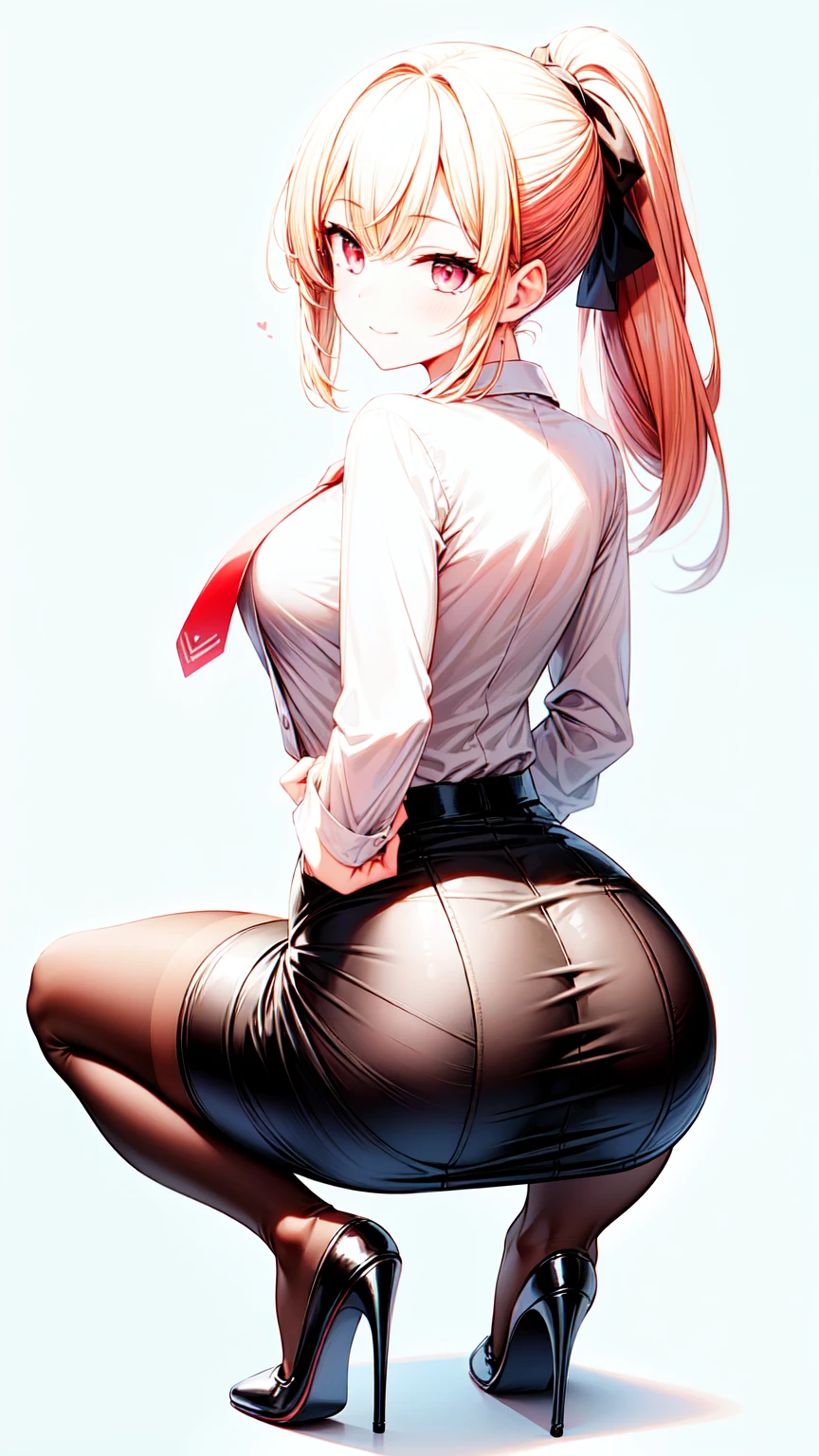 1girl, pantyhose, skirt, solo, shirt, white_shirt, looking_at_viewer, pencil_skirt, ass, black_skirt, smile, long_hair, office_lady, breasts, black_pantyhose, closed_mouth, bangs, collared_shirt, pink_eyes, red_necktie, ponytail, black_pantyhose, miniskirt, white background, simple background, leaning_forward, from behind, looking behind, ass, grabbing own ass, full body, high heels, wariza