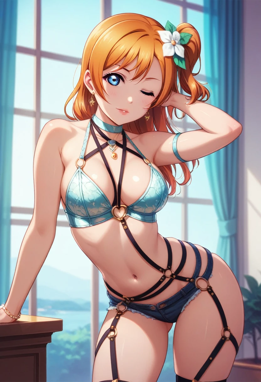 Honoka kousaka love live, cowboy shot, blue eyes, orange hair,hair flower, solo, Fashion , bshoulders, perfect eyes, Perfect iris，Perfect skin，Soft front light，Casual，indoors；（pastel colour:1.2）, halter neck,thin straps , sexy,(lipstick:0.8), breasts ,sexy pose,wink, (slightly bent over:0.8), bottom up , detailed breasts , thighs, shiny glossy skin