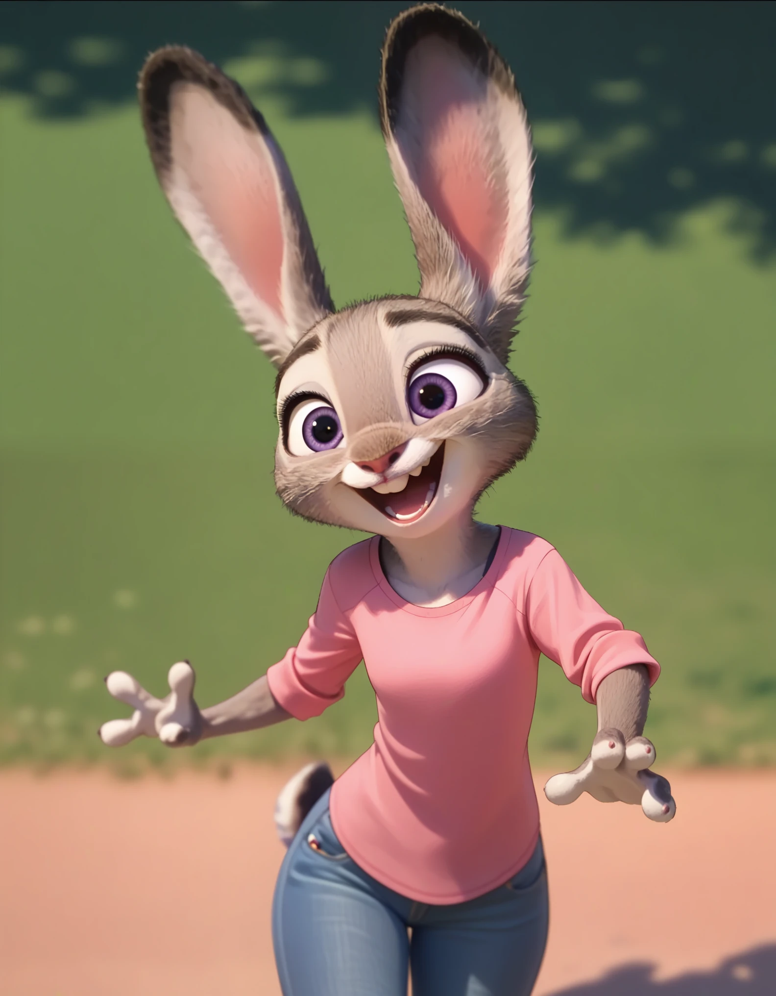 judyhopps happy, solo, pink shirt, jeans score_9, score_8_up, score_7_up, score_6_up, 