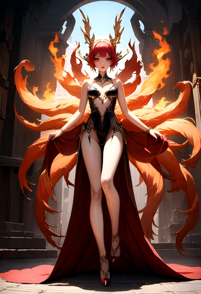 Highest quality、masterpiece、Ultra-high resolution、Raw photo(Realism:4K)、Raw photo(Thin legs) (Perfect figure)、Phoenix close-up,9Has four tails, epic fantasy game art, Red fingernails and eyes, In the bright sunlight, a fire is burning in the background、Fair skin and beautiful red lips、Deep Shadow、Low Key、Cold light 12000K