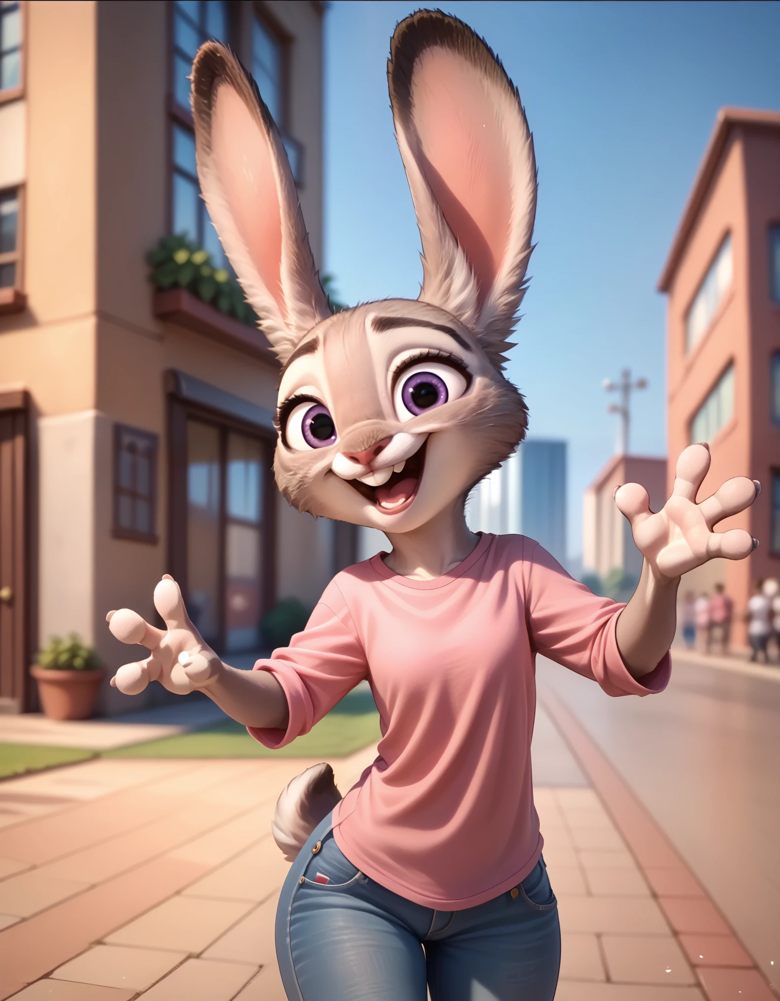 judyhopps happy, solo, pink shirt, jeans score_9, score_8_up, score_7_up, score_6_up, 