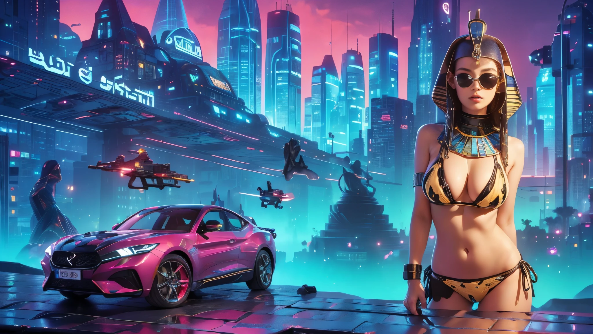 (((a large-breast bikini slim GIRL with black micro sunglasses))), (((aiming at viewer with a pistol))), a balcony of a futuristic building, aerial view of an ultra-futuristic megalopolis, many metal buildings and houses in dark colors from dark blue to black, a cidade tem tons de cinza metal, has smoky metal structures , industrial environment with smoke and fog around, carros escuros nas ruas, desert megalopolis, trilhos e trens modernos de de metal passando estre as ruas da cidade, tall futuristic metal buildings, many ultra modern buildings around, (((an Egypt sphinx statue on the top of building))), realistic, detailed, sci-fi.