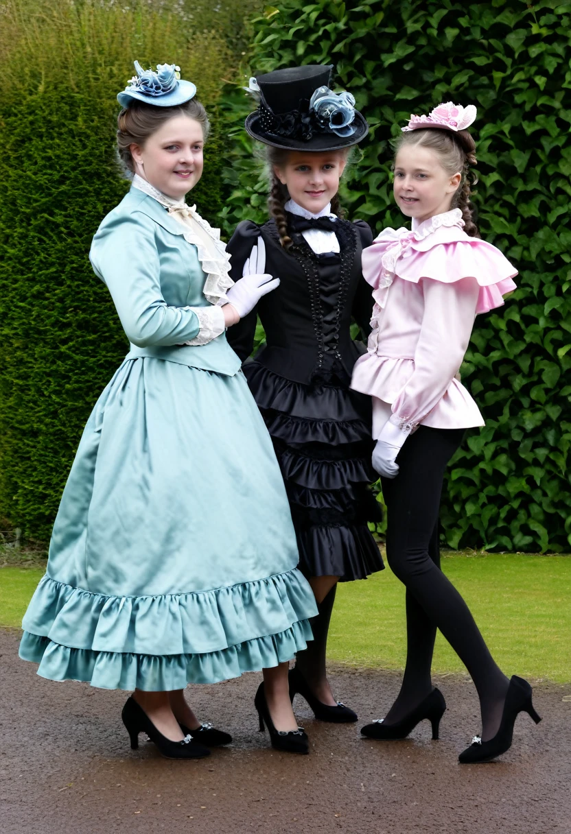 a two tween and hers high mum in Victorian outfit with flounce and high heels