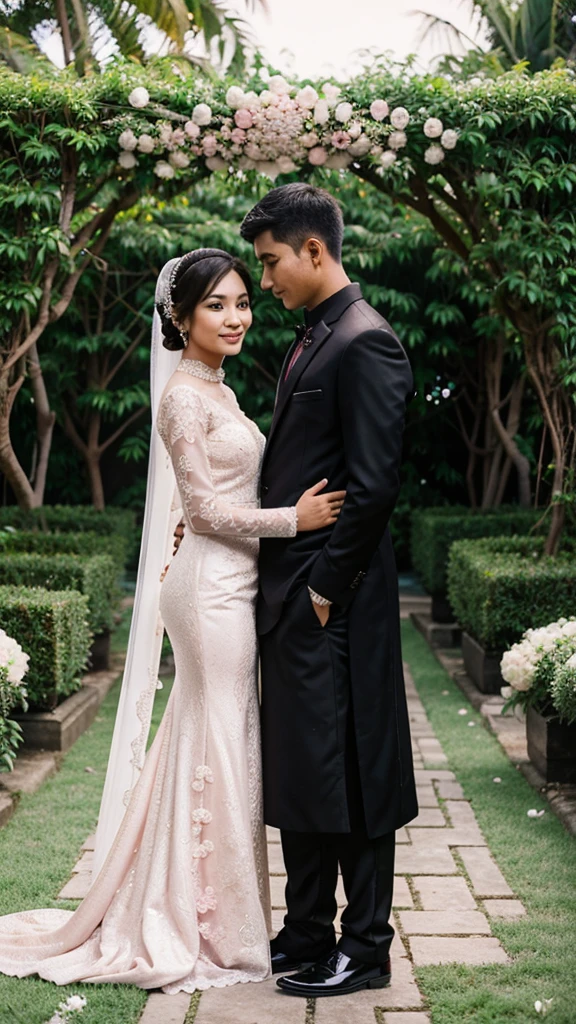 Realistic of pilipino couple wedding ,the boy wear a black attire and girl hijab,pink gown wedding.the background is garden.
