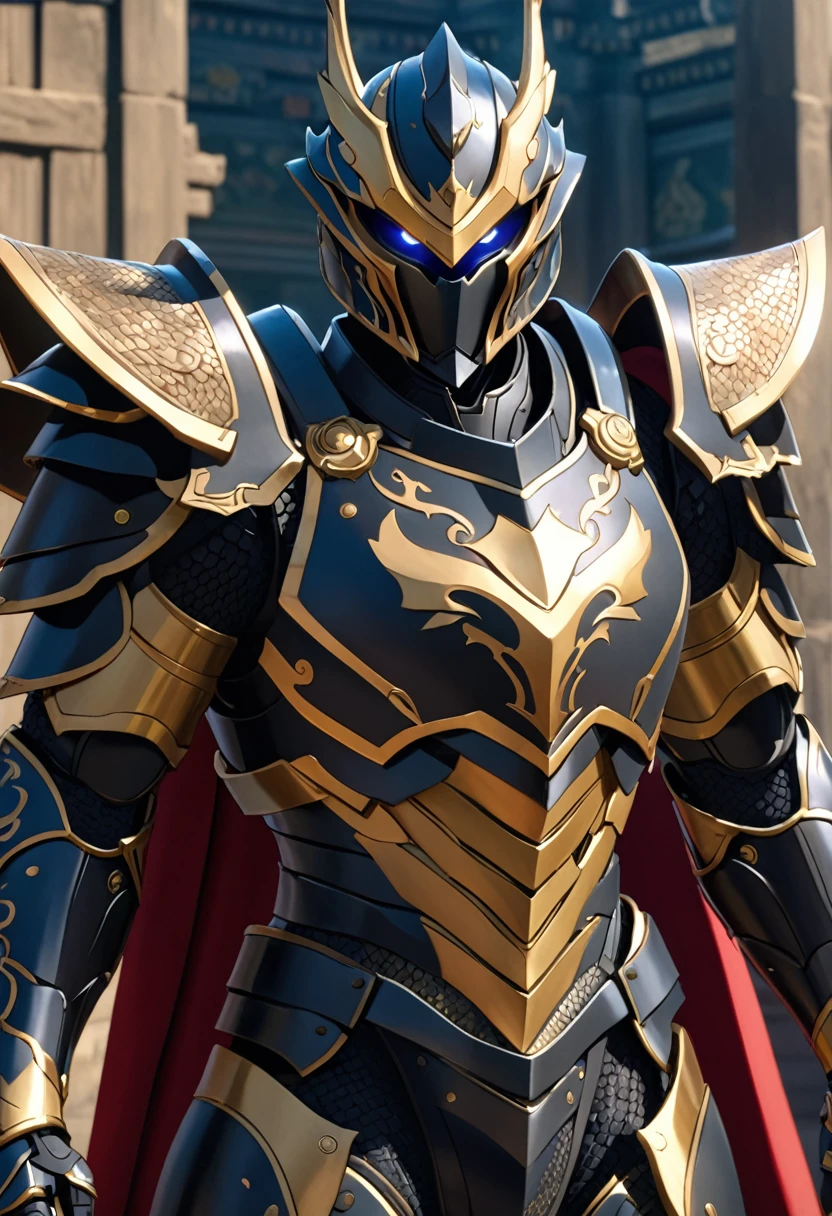 An epic closeup of the dark fighter, looking at the viewer, (alone), light full body armor, (The armor covers the entire body), negro, golden edges, Dragon Eye Inlaid Armor, combat pose, full body shot, in a temple in the background, anime screencap, Masterpiece, The best quality, high detail, high resolution, UHD, 4k, 8k