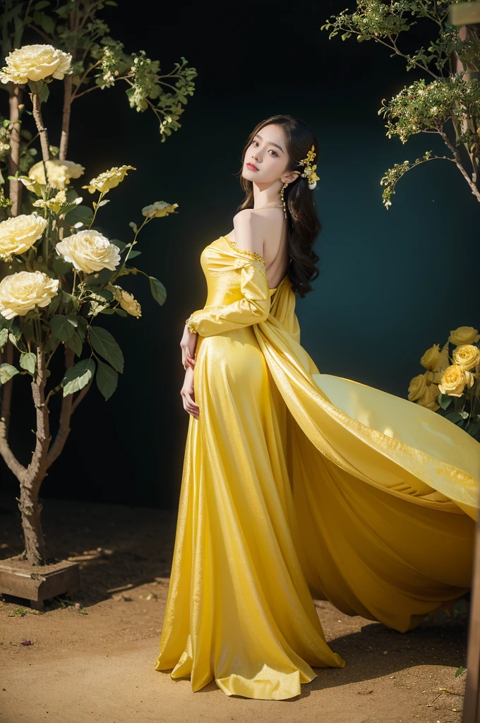 (((best quality))),(((ultra detailed))),(((masterpiece))),illustration, a stunning young girl amidst a sea of yellow roses, yellow rose petal dress,slim,thin, fair skin,shoulder length straight chestnut hair,earrings,necklace,intricate patterns, embellishments, ethereal charm, sparkling eyes, gentle smile,flat chest,small breasts, innocence and grace, yellow roses background, full bloom, fragrance of roses, enchanting presence,admiration, beauty and nature blend, striking appearance, vibrant yellow color, harmonious equilibrium,lasting impression,((standing,arms behind back)),((full body,from front)),night scene,slender legs,high heels