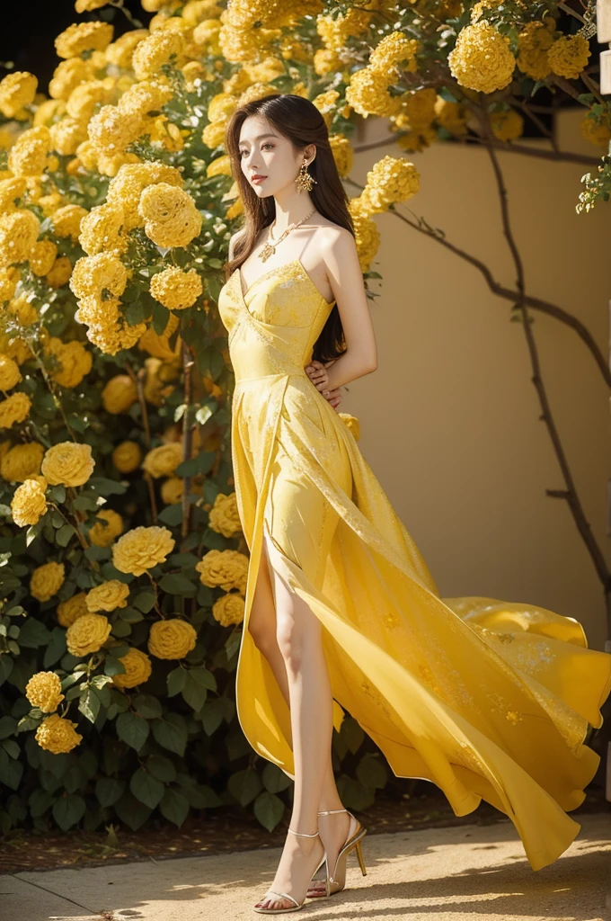 (((best quality))),(((ultra detailed))),(((masterpiece))),illustration, a stunning young girl amidst a sea of yellow roses, yellow rose petal dress,slim,thin, fair skin,shoulder length straight chestnut hair,earrings,necklace,intricate patterns, embellishments, ethereal charm, sparkling eyes, gentle smile,flat chest,small breasts, innocence and grace, yellow roses background, full bloom, fragrance of roses, enchanting presence,admiration, beauty and nature blend, striking appearance, vibrant yellow color, harmonious equilibrium,lasting impression,((standing,arms behind back)),((full body,from front)),night scene,slender legs,high heels