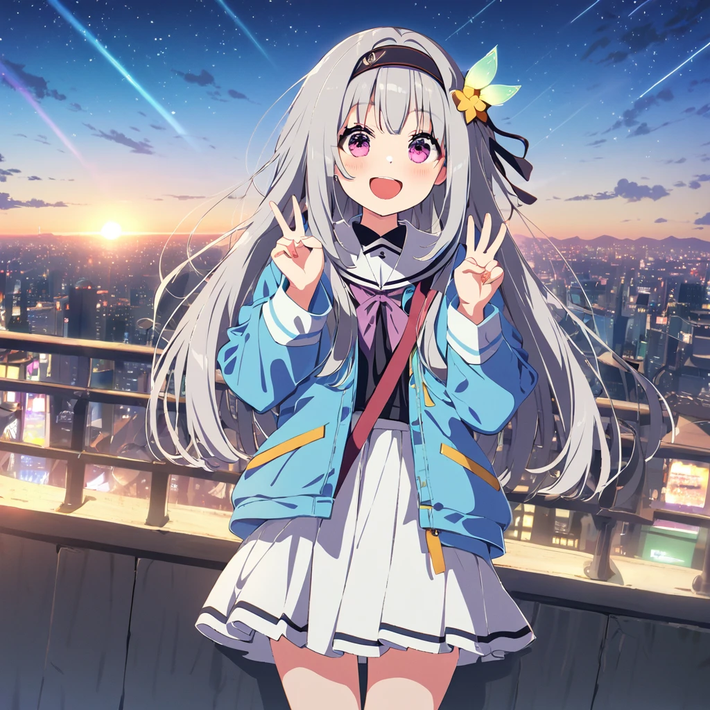 Fraction_9, Fraction_8_Direction_7_up, city View, landscape, blue Sky, sunrise, night, Star \(Sky\), Science fiction, railing, lens flare, shooting Star,
rest
source_Japanese cartoons, (Ossimi, Azapine:0.5), (niliu chahui:0.35), (Ashura \(Ashurauser\):0.2),
rest
(1 Girl, Solitary, Solitary focus), firefly, Gray hair, Long hair, jacket, skirt, Hair accessories, Headband, Happy,
Looking at the audience, Double V,