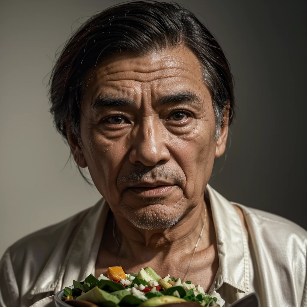 Medium-sized display, Medium shot, Written border depth, Break, Upper Body, angle, masterpiece, angle, (RAW photos, best quality), best quality, Very detailed, CG, 8k wallpaper, Vicissitudes, Older male protagonist,Chinese elderly,80 years old,male,Solitary, Divide salad, Look directly at the audience, front