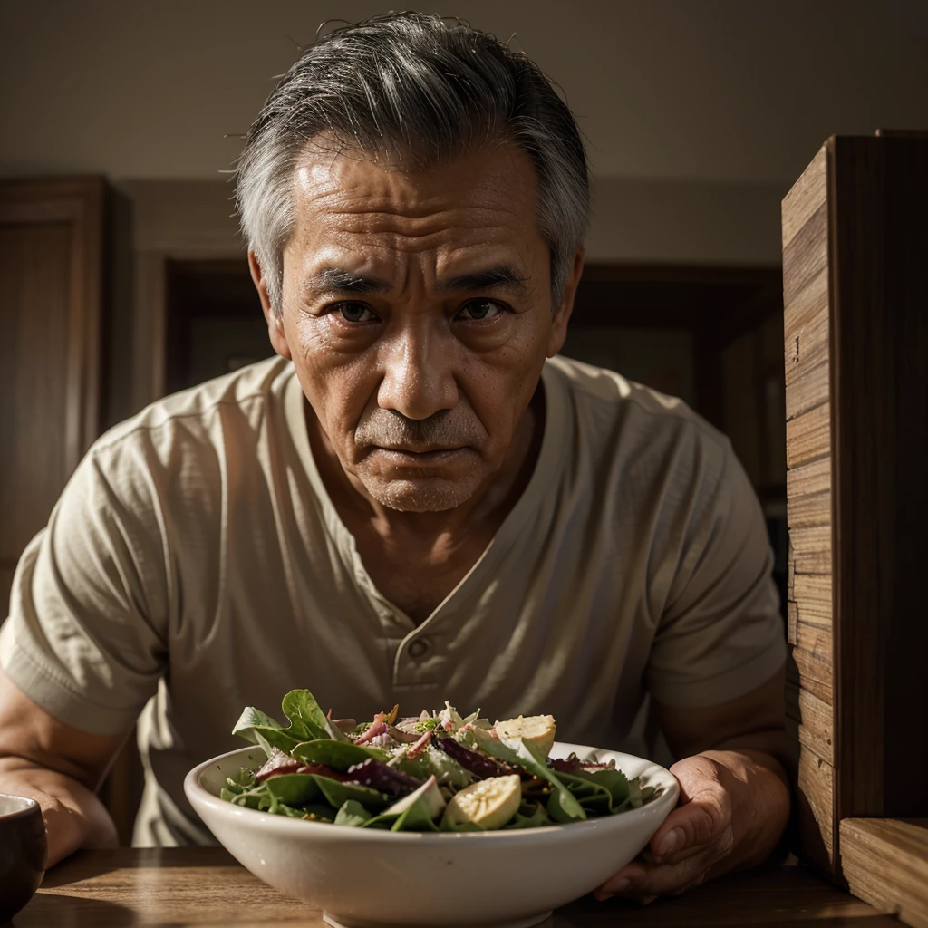 Medium-sized display, Medium shot, Written border depth, Break, Upper Body, angle, masterpiece, angle, (RAW photos, best quality), best quality, Very detailed, CG, 8k wallpaper, Vicissitudes, Older male protagonist,Chinese elderly,80 years old,male,Solitary, Divide salad, Look directly at the audience, front