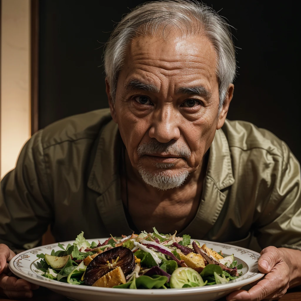 Medium-sized display, Medium shot, Written border depth, Break, Upper Body, angle, masterpiece, angle, (RAW photos, best quality), best quality, Very detailed, CG, 8k wallpaper, Vicissitudes, Older male protagonist，Chinese elderly，80 years old，male，Solitary, Divide salad, Look directly at the audience, front