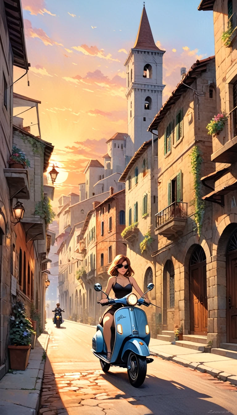 street of a classic Italian stone town: 1.5, sunrise, great detail of buildings, towers, 1girl, pretty 1girl on 1scooter in the scene (art inspired by Bill Sienkiewicz). oil painting)
