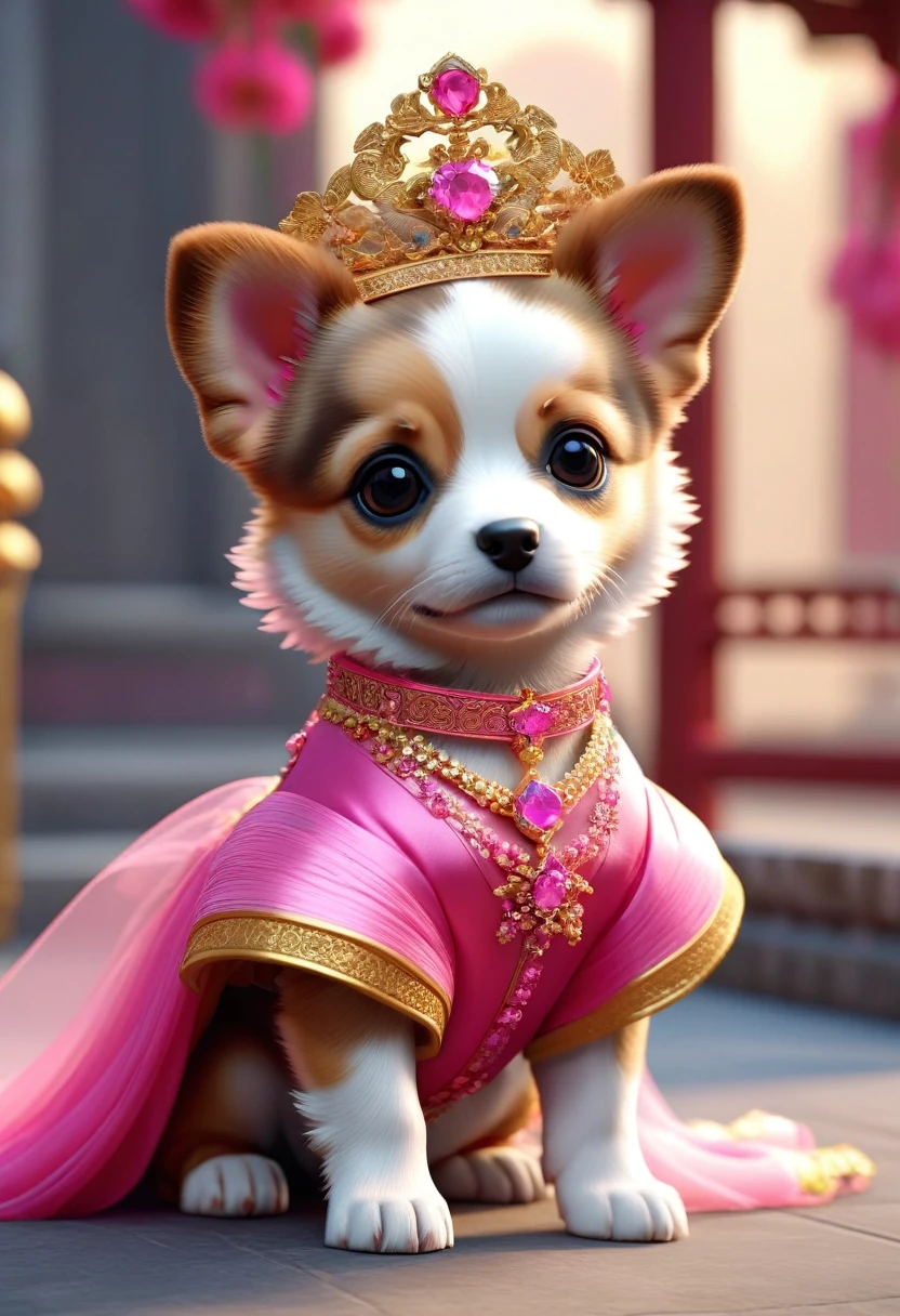 In ancient China, A very cute puppy was wearing a bright pink wedding dress. The dog bride was an incarnation, She wears gold jewels on her head, Pixelated Style (Anthropomorphic standing posture), Attractive big eyes, Cute tail, Ultra-realistic, Very detailed, Gorgeous, elegant, nice, Unreal Engine, Octane Rendering, 8K, VRAY Super Reality