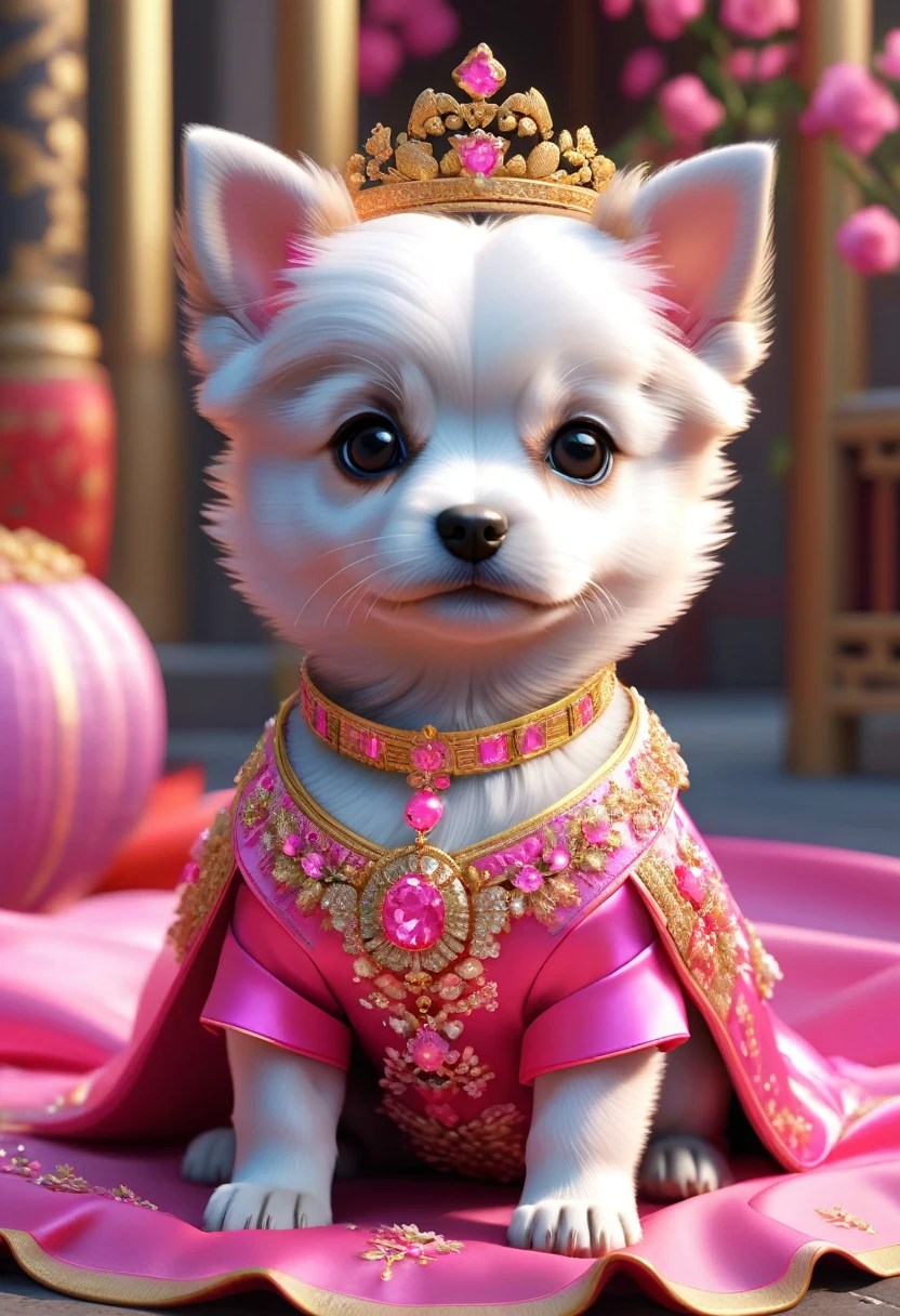 In ancient China, A very cute puppy was wearing a bright pink wedding dress. The dog bride was an incarnation, She wears gold jewels on her head, Pixelated Style (Anthropomorphic standing posture), Attractive big eyes, Cute tail, Ultra-realistic, Very detailed, Gorgeous, elegant, nice, Unreal Engine, Octane Rendering, 8K, VRAY Super Reality