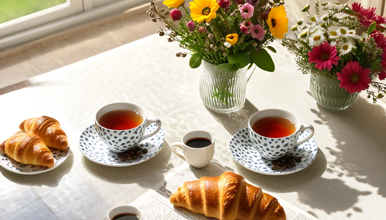 Create an image of a cozy morning scene featuring two cups of tea with floral patterns on a table by a window, with sunlight filtering through vibrant flowers. Include details such as a newspaper, fresh croissants, scattered berries, and coffee beans to enhance the warm and inviting atmosphere.