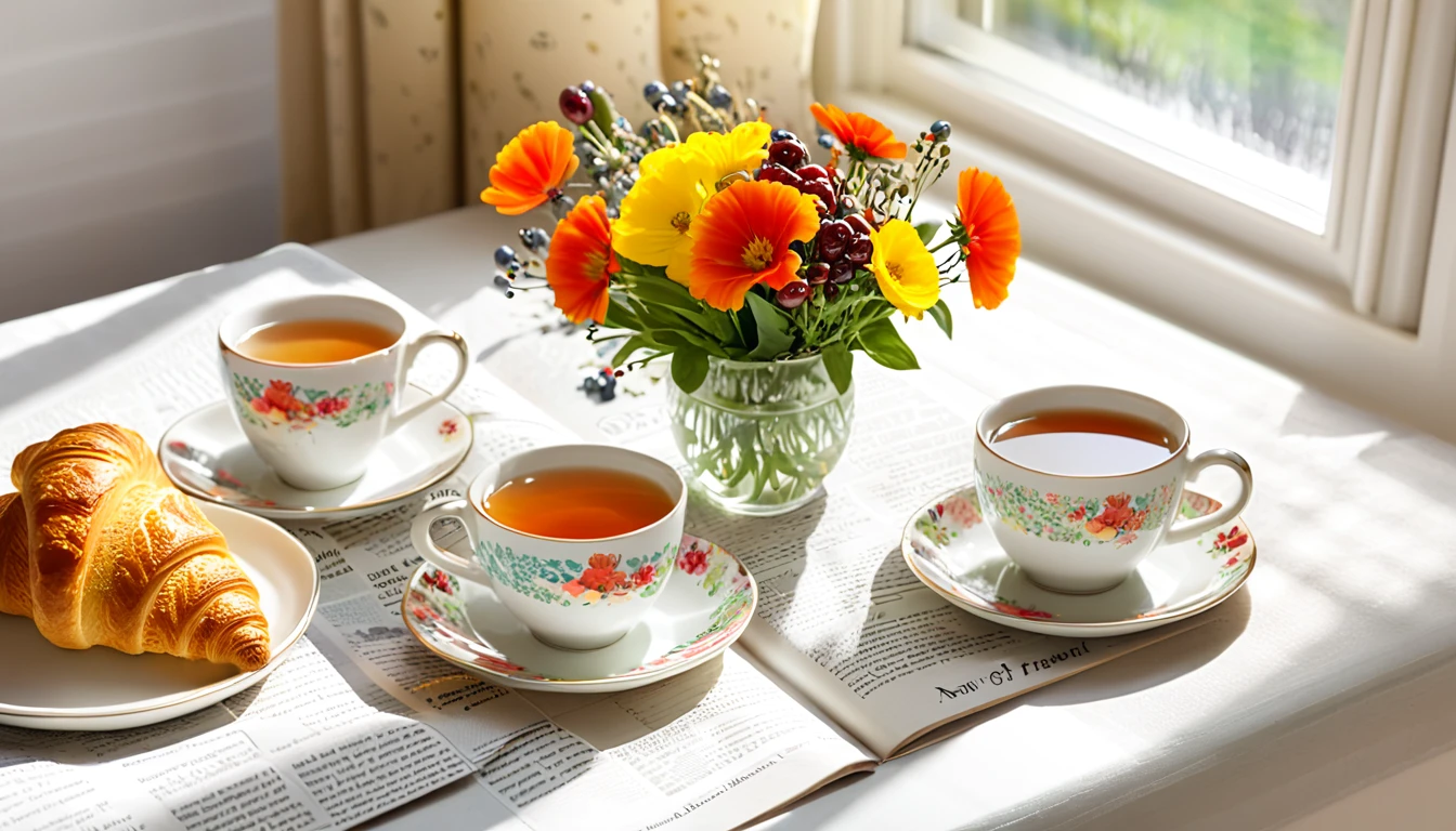 Create an image of a cozy morning scene featuring two cups of tea with floral patterns on a table by a window, with sunlight filtering through vibrant flowers. Include details such as a newspaper, fresh croissants, scattered berries, and coffee beans to enhance the warm and inviting atmosphere.