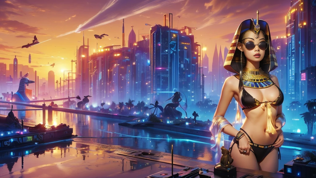 (((a large-breast bikini slim GIRL with black micro sunglasses))), (((aiming at viewer with a pistol))), a balcony of a futuristic building, aerial view of an ultra-futuristic megalopolis, many metal buildings and houses in dark colors from dark blue to black, a cidade tem tons de cinza metal, has smoky metal structures , industrial environment with smoke and fog around, carros escuros nas ruas, desert megalopolis, trilhos e trens modernos de de metal passando estre as ruas da cidade, tall futuristic metal buildings, many ultra modern buildings around, (((an Egypt sphinx statue on the top of building))), realistic, detailed, sci-fi.
