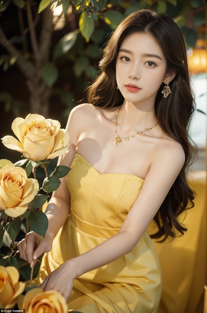 (((best quality))),(((ultra detailed))),(((masterpiece))),illustration, a stunning young girl amidst a sea of yellow roses,strapless yellow rose petal bra,slim,thin, fair skin,shoulder length straight chestnut hair,earrings,necklace,intricate patterns, embellishments, ethereal charm, sparkling eyes, gentle smile,flat chest,small breasts, innocence and grace, yellow roses background, full bloom, fragrance of roses, enchanting presence, delicate fingers, admiration, beauty and nature blend, striking appearance, vibrant yellow color, harmonious equilibrium,lasting impression,standing,((close-up of face,from front)),night scene,