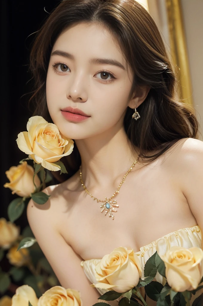 (((best quality))),(((ultra detailed))),(((masterpiece))),illustration, a stunning young girl amidst a sea of yellow roses,strapless yellow rose petal bra,slim,thin, fair skin,shoulder length straight chestnut hair,earrings,necklace,intricate patterns, embellishments, ethereal charm, sparkling eyes, gentle smile,flat chest,small breasts, innocence and grace, yellow roses background, full bloom, fragrance of roses, enchanting presence, delicate fingers, admiration, beauty and nature blend, striking appearance, vibrant yellow color, harmonious equilibrium,lasting impression,standing,((close-up of face,from front)),night scene,