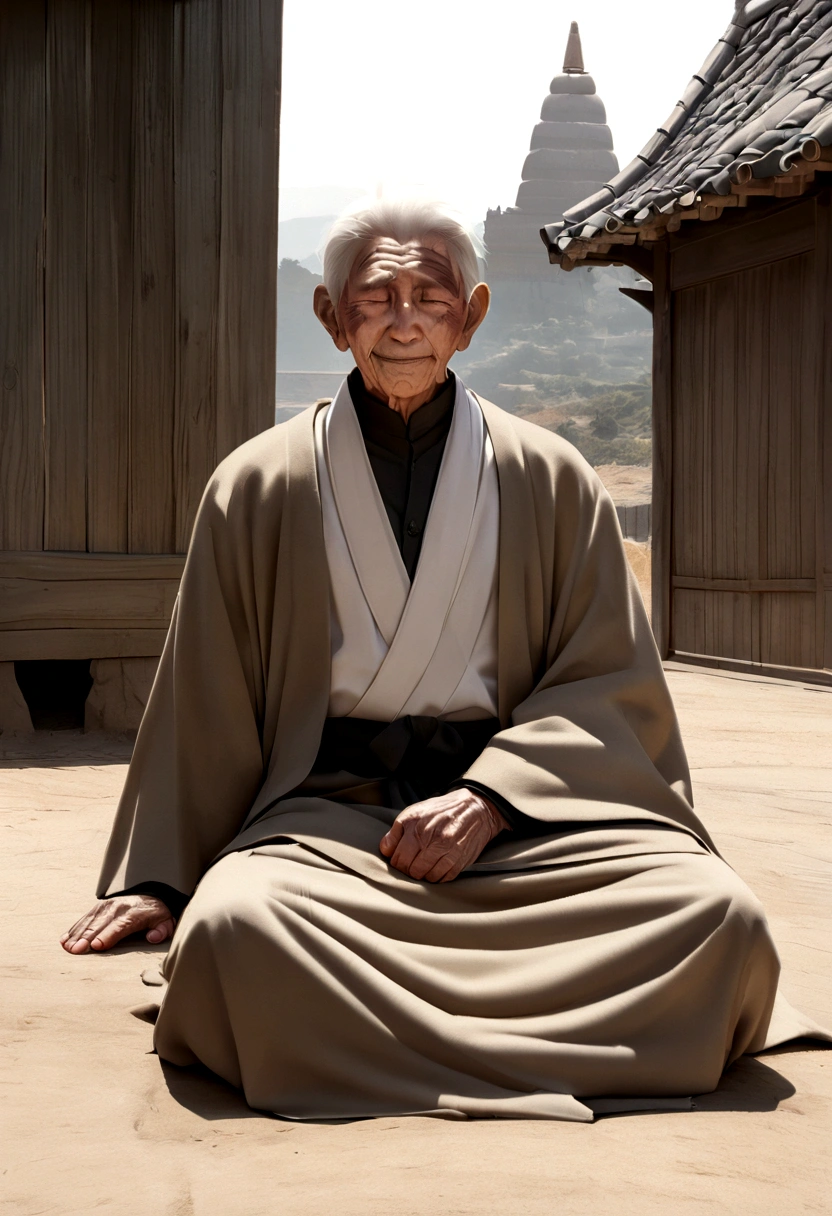 Depicting the Buddha's unwavering determination and hard work, Demonstrating his resilience when faced with difficulties on his spiritual journey, A man around 90 years old, Vulture Zen Master, Lying on your back and meditating、smile, Ultra-sharp focus,Sitting on a hill,frontage, Photo Real, Men's clothing in the Middle Ages, Tetrahedron Color (scar:1,4),I fasted for a month,Skinny,I'm about to die