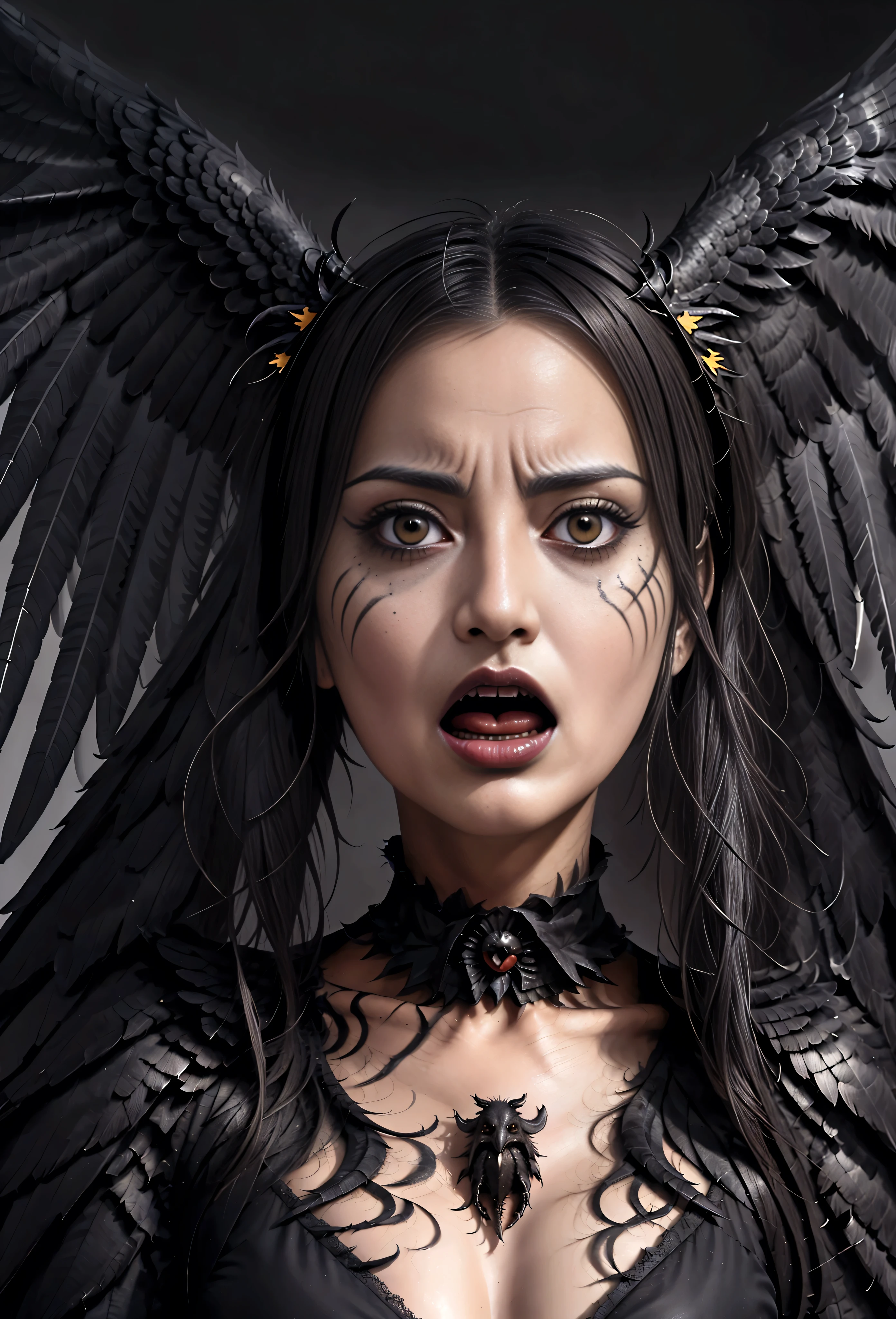 a close up of a person with a bird on their head, harpy, harpy woman, satanic wings, intense black line art, intense line art, screaming. not realistic, nightmare digital art, portrait of the death angel, artistic drawing of a crow, dark outlines, scary angry pose, dark but detailed digital art, anger. hyper detailed